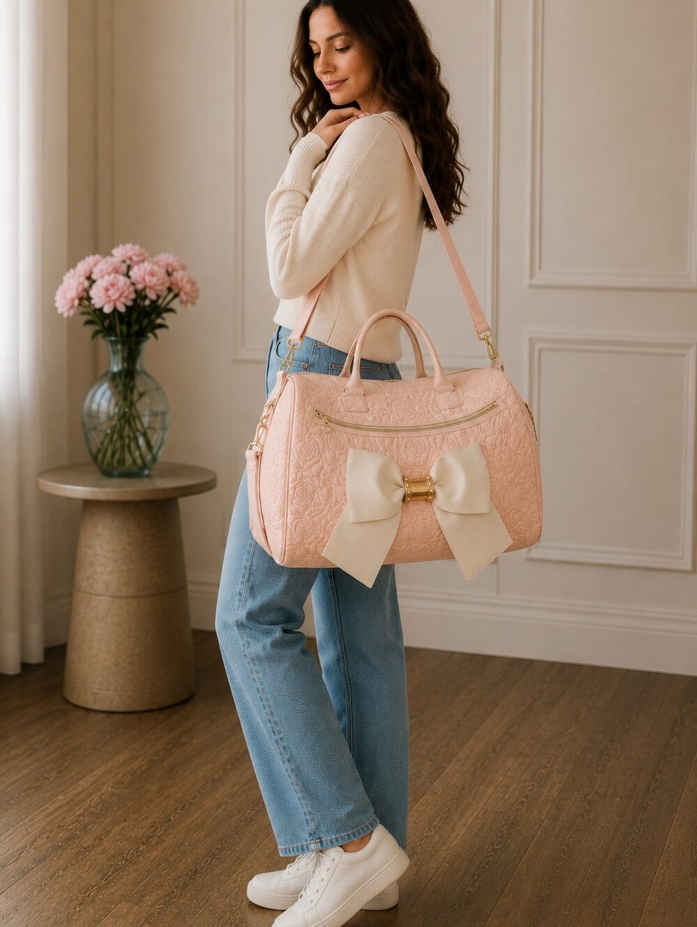 Betsey Johnson Blush Pink Bow Weekender Duffel Bag Floral Quilted Travel Tote Co